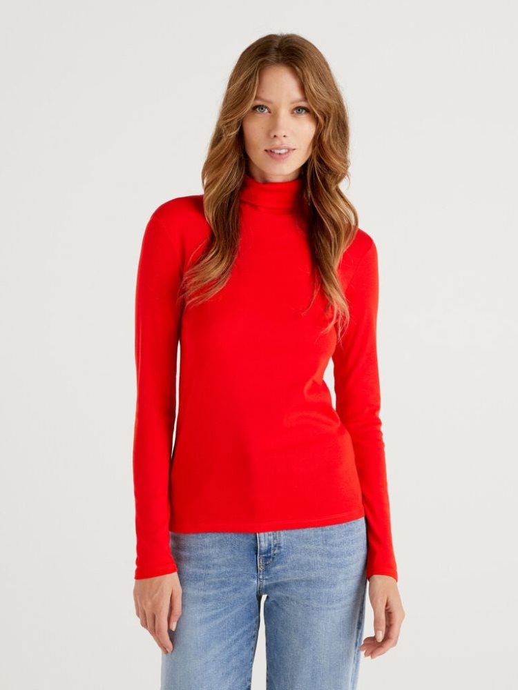 Benetton Long Sleeve High Neck T-shirts Dames Rood | BE302736