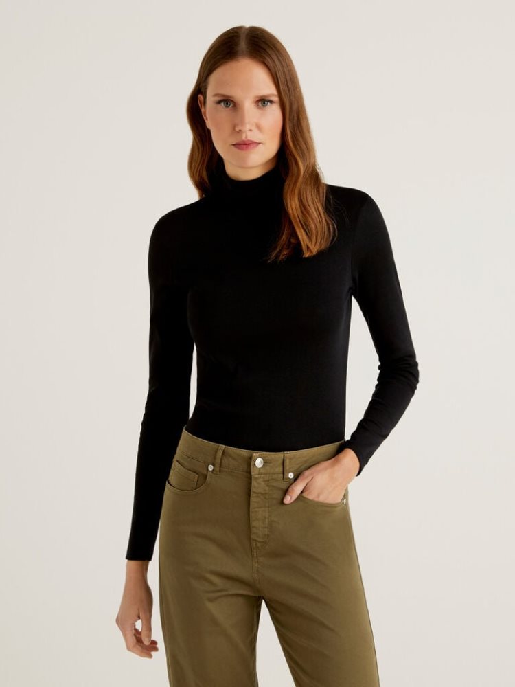 Benetton Long Sleeve High Neck T-shirts Dames Zwart | BE480634