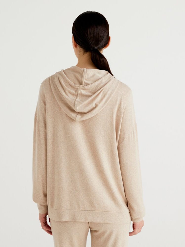 Benetton Long Sleeve Hood T-shirts Dames Beige | BE686046