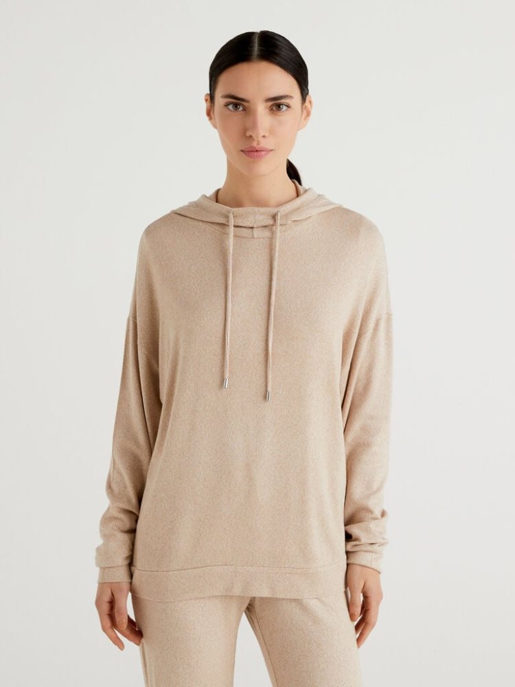 Benetton Long Sleeve Hood T-shirts Dames Beige | BE686046