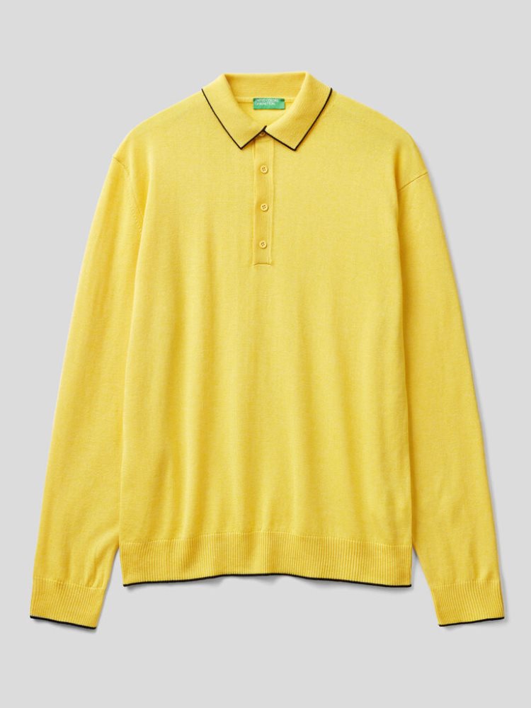 Benetton Long Sleeve Knit Poloshirt Heren Geel | BE593467