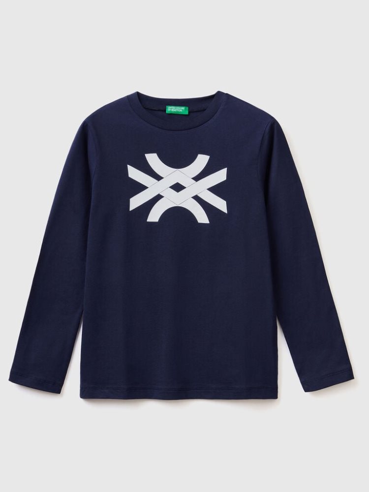 Benetton Long Sleeve Logo T-shirts Kinderen Donkerblauw | BE675840