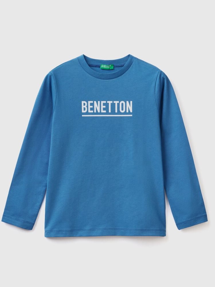 Benetton Long Sleeve Logo T-shirts Kinderen Blauw | BE818703