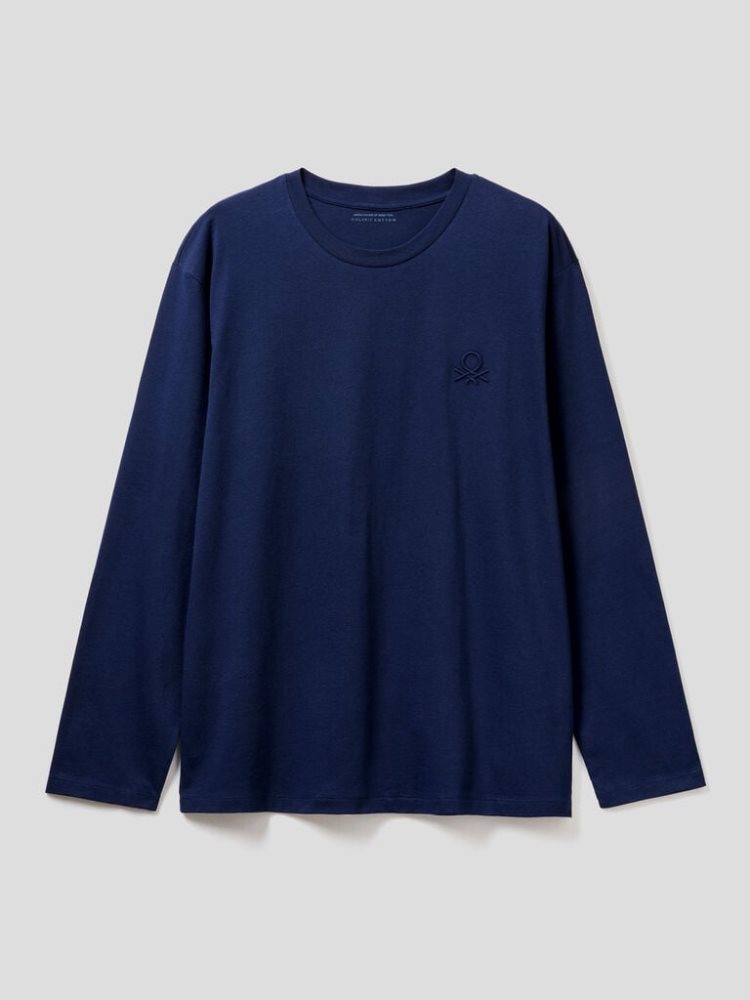 Benetton Long Sleeve Organic Katoenen T-shirts Heren Donkerblauw | BE955844