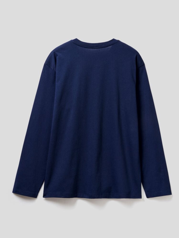 Benetton Long Sleeve Organic Katoenen T-shirts Heren Donkerblauw | BE955844