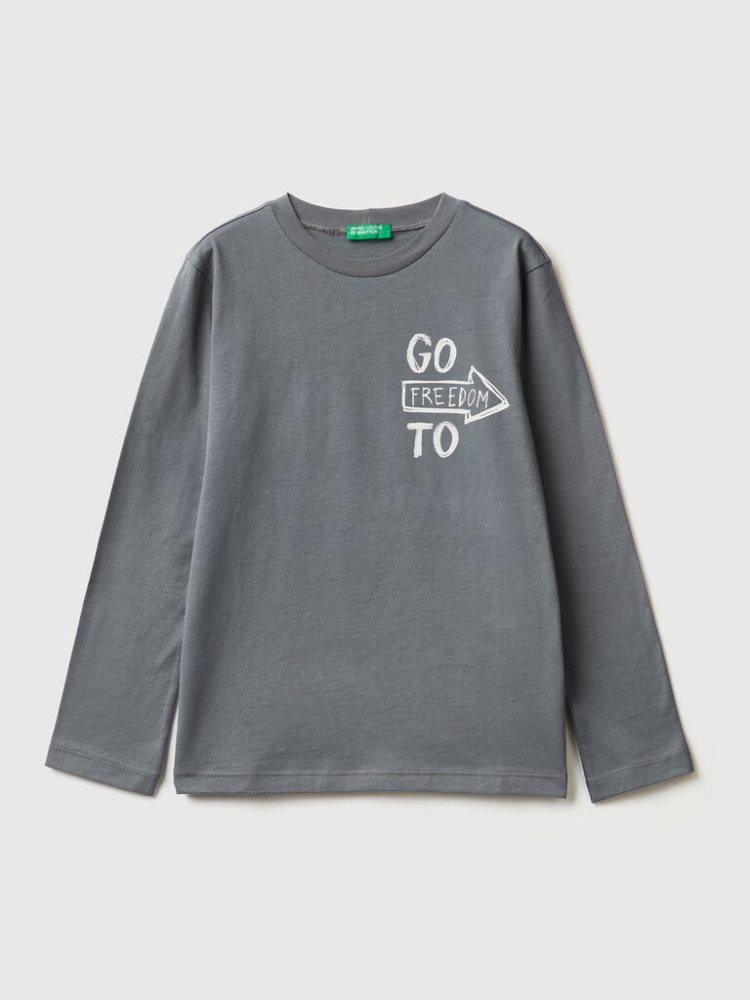 Benetton Long Sleeve Print T-shirts Kinderen Donkergrijs | BE183329