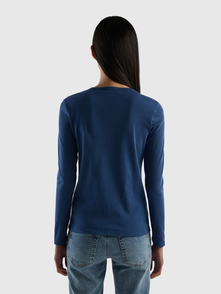 Benetton Long Sleeve Pure Katoenen T-shirts Dames Blauw | BE243321