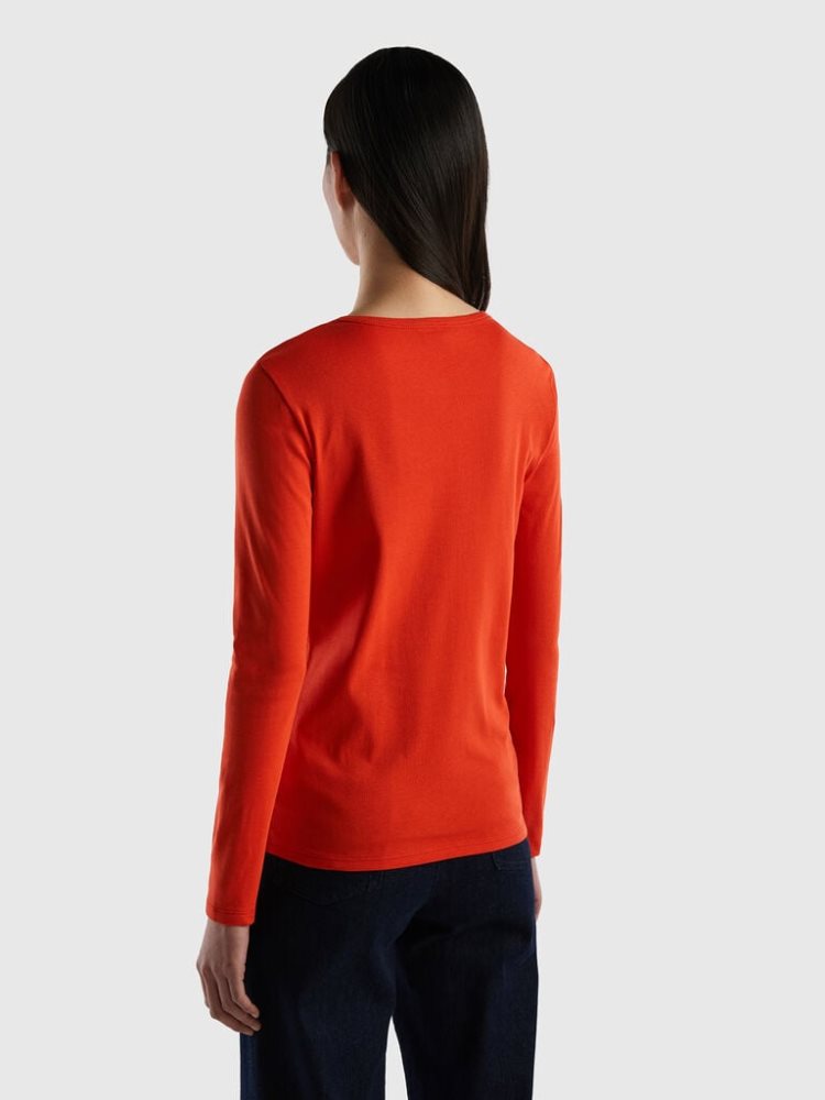 Benetton Long Sleeve Pure Katoenen T-shirts Dames Rood | BE294639