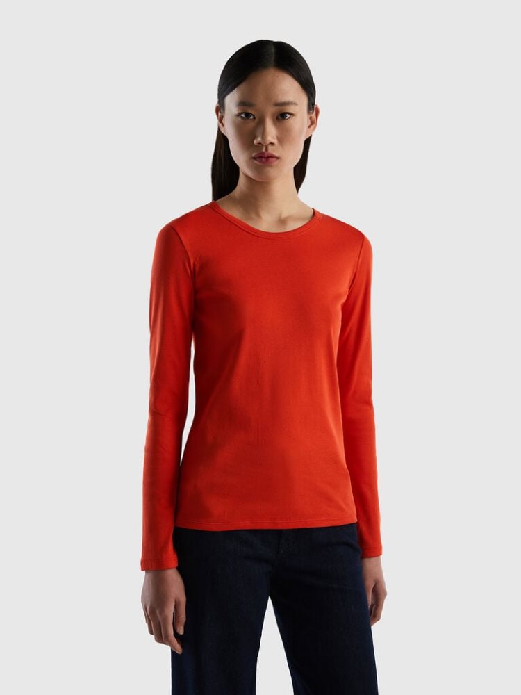 Benetton Long Sleeve Pure Katoenen T-shirts Dames Rood | BE294639