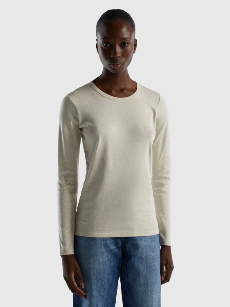 Benetton Long Sleeve Pure Katoenen T-shirts Dames Beige | BE294777