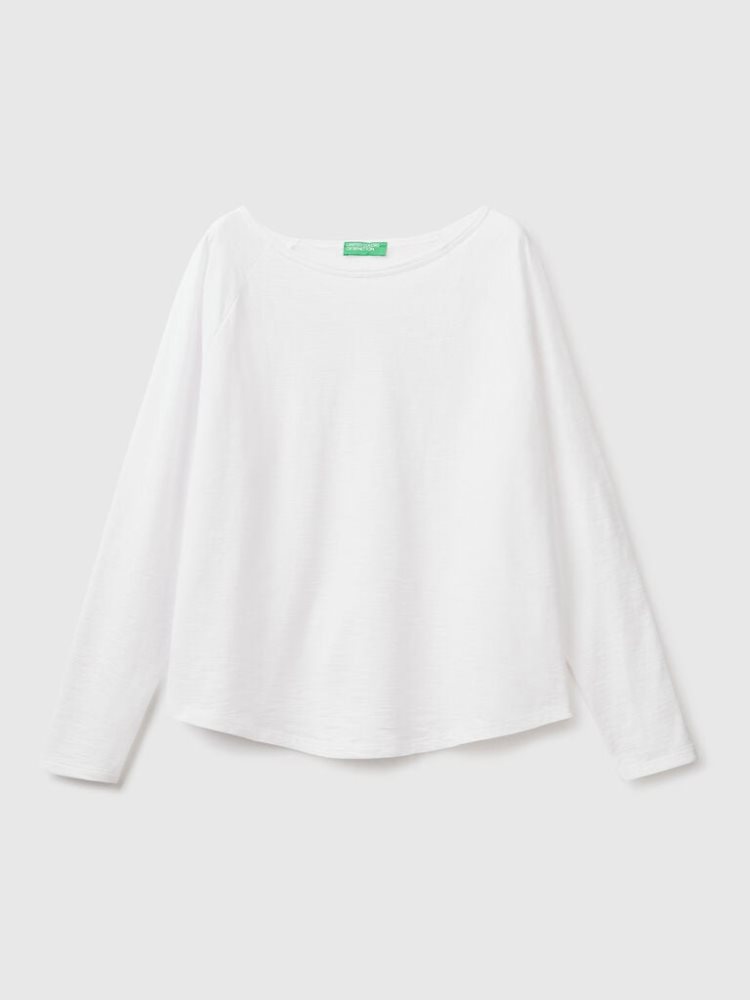 Benetton Long Sleeve Pure Katoenen T-shirts Dames Wit | BE324224