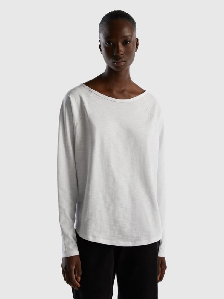 Benetton Long Sleeve Pure Katoenen T-shirts Dames Wit | BE324224