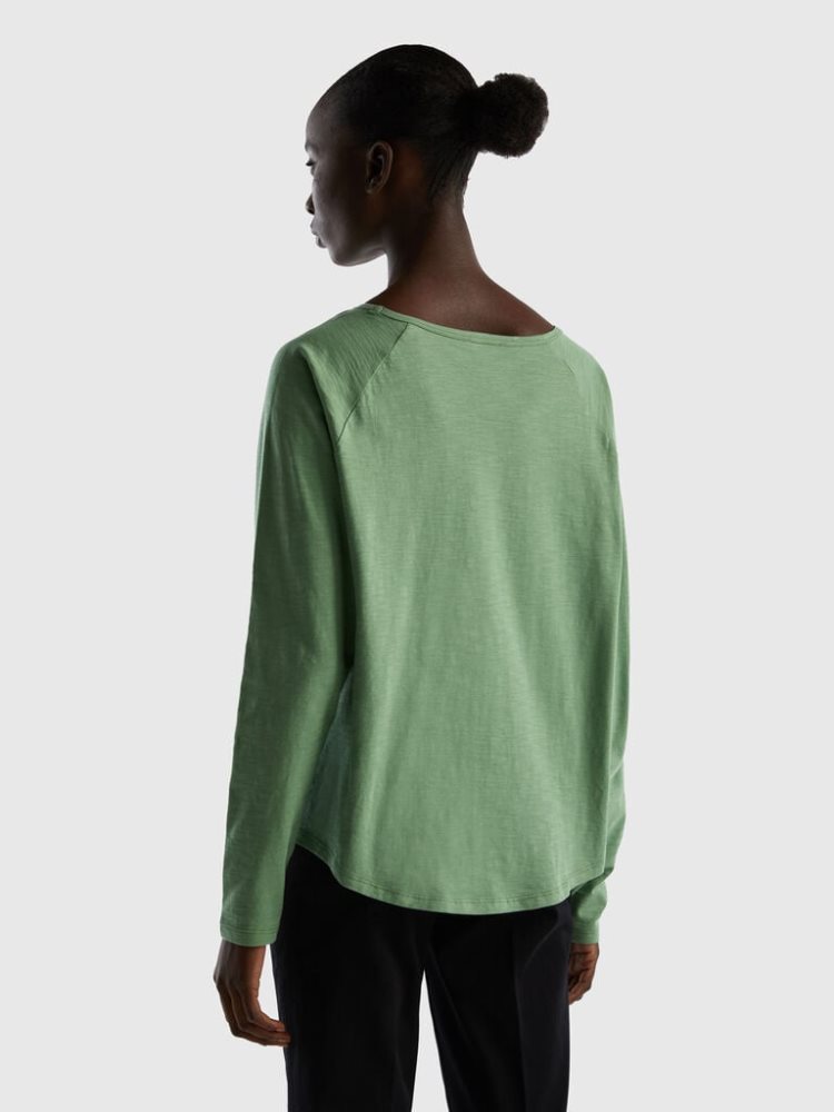 Benetton Long Sleeve Pure Katoenen T-shirts Dames Groen | BE406498