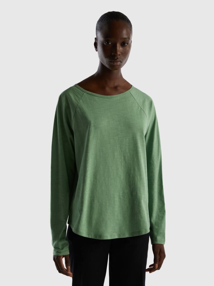 Benetton Long Sleeve Pure Katoenen T-shirts Dames Groen | BE406498