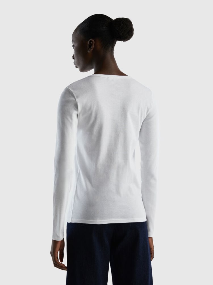 Benetton Long Sleeve Pure Katoenen T-shirts Dames Wit | BE413476