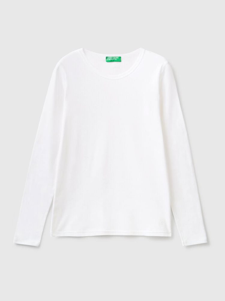 Benetton Long Sleeve Pure Katoenen T-shirts Dames Wit | BE413476