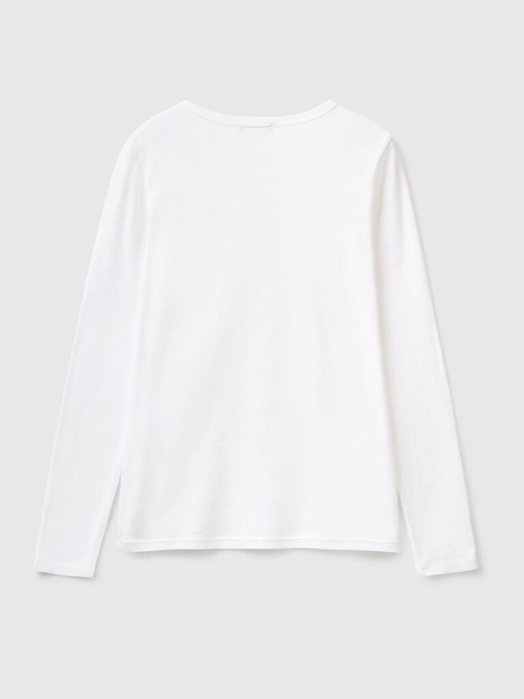 Benetton Long Sleeve Pure Katoenen T-shirts Dames Wit | BE413476