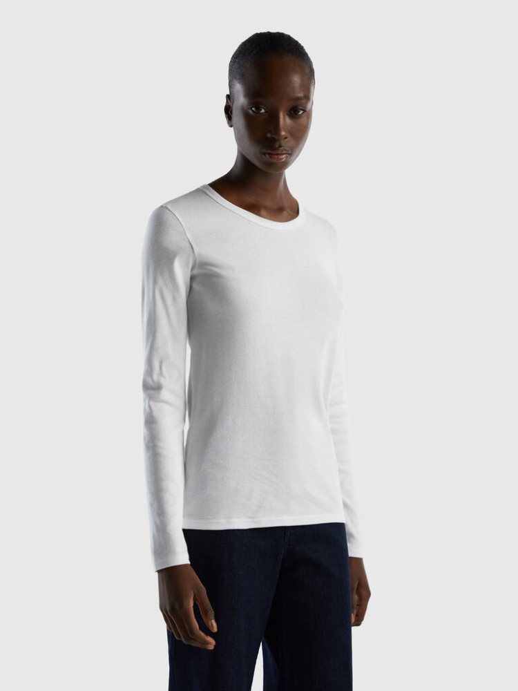 Benetton Long Sleeve Pure Katoenen T-shirts Dames Wit | BE413476