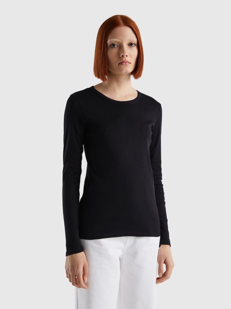 Benetton Long Sleeve Pure Katoenen T-shirts Dames Zwart | BE542132