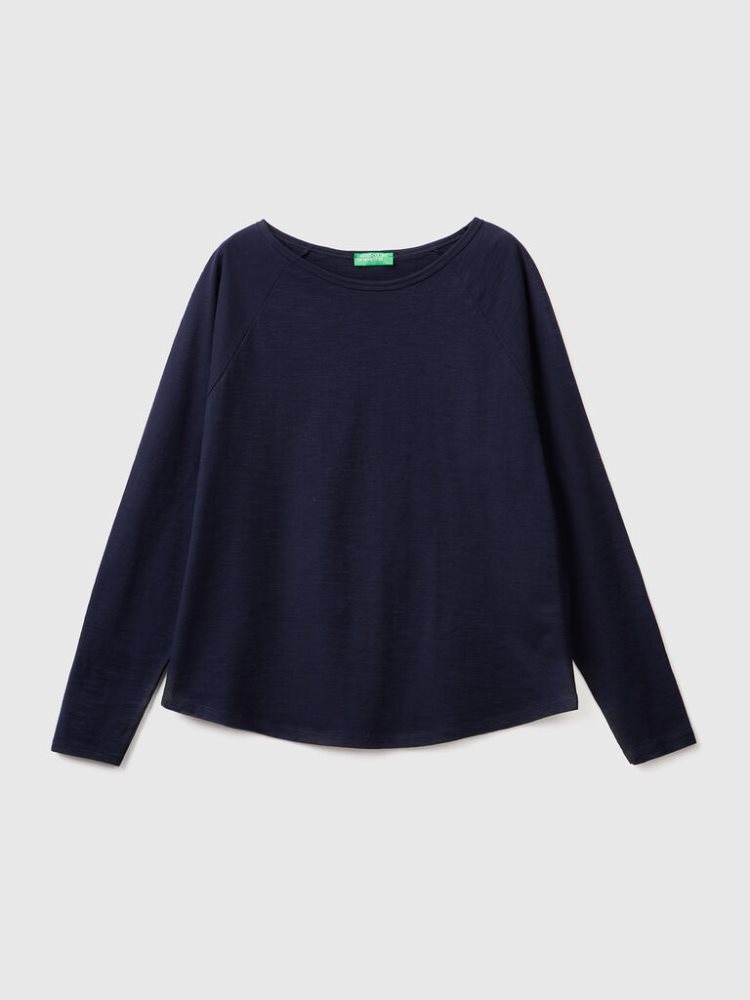 Benetton Long Sleeve Pure Katoenen T-shirts Dames Donkerblauw | BE632682