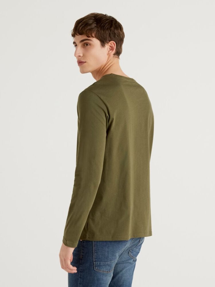 Benetton Long Sleeve Pure Katoenen T-shirts Heren Groen | BE664752