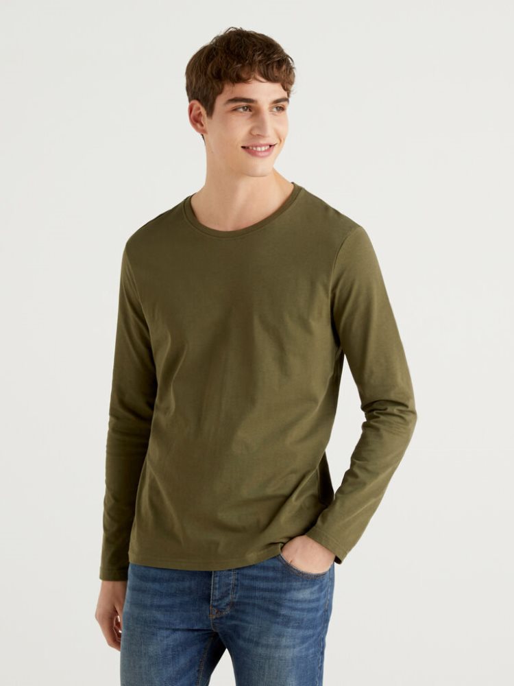 Benetton Long Sleeve Pure Katoenen T-shirts Heren Groen | BE664752