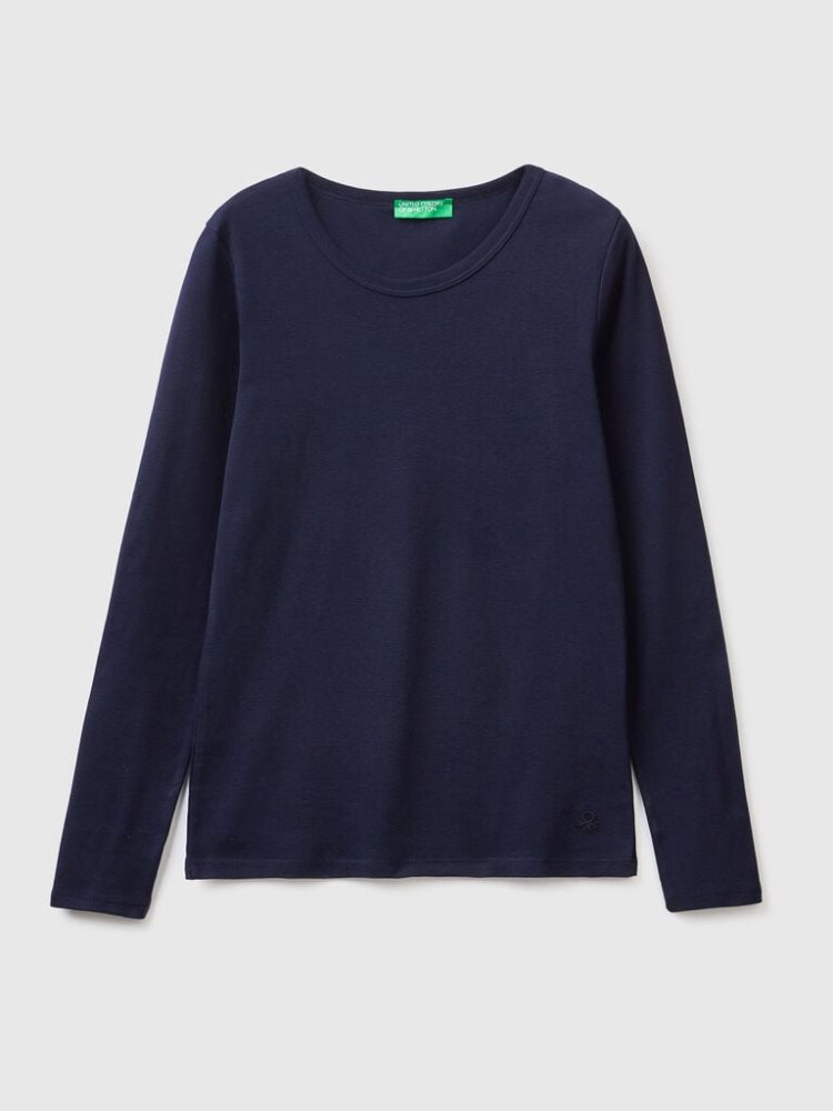 Benetton Long Sleeve Pure Katoenen T-shirts Dames Donkerblauw | BE776210