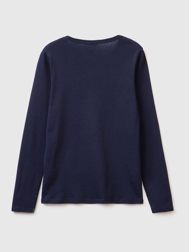 Benetton Long Sleeve Pure Katoenen T-shirts Dames Donkerblauw | BE776210