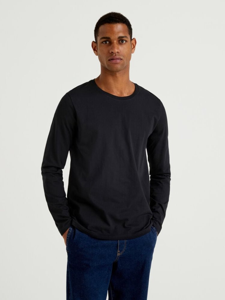 Benetton Long Sleeve Pure Katoenen T-shirts Heren Zwart | BE851107