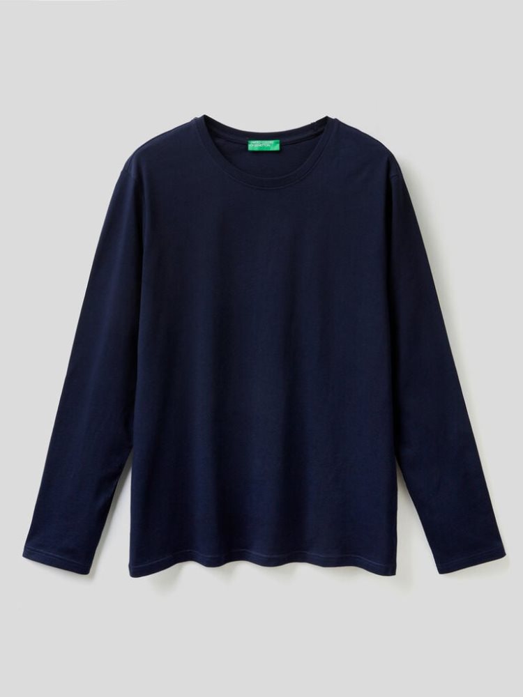 Benetton Long Sleeve Pure Katoenen T-shirts Heren Donkerblauw | BE919921