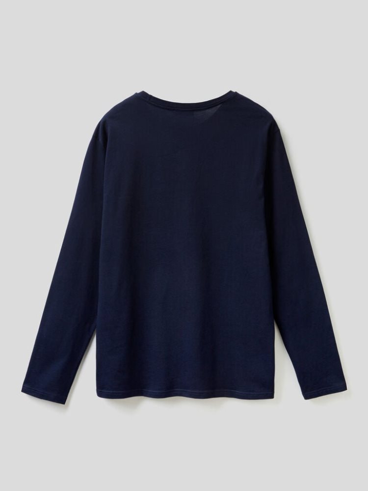 Benetton Long Sleeve Pure Katoenen T-shirts Heren Donkerblauw | BE919921