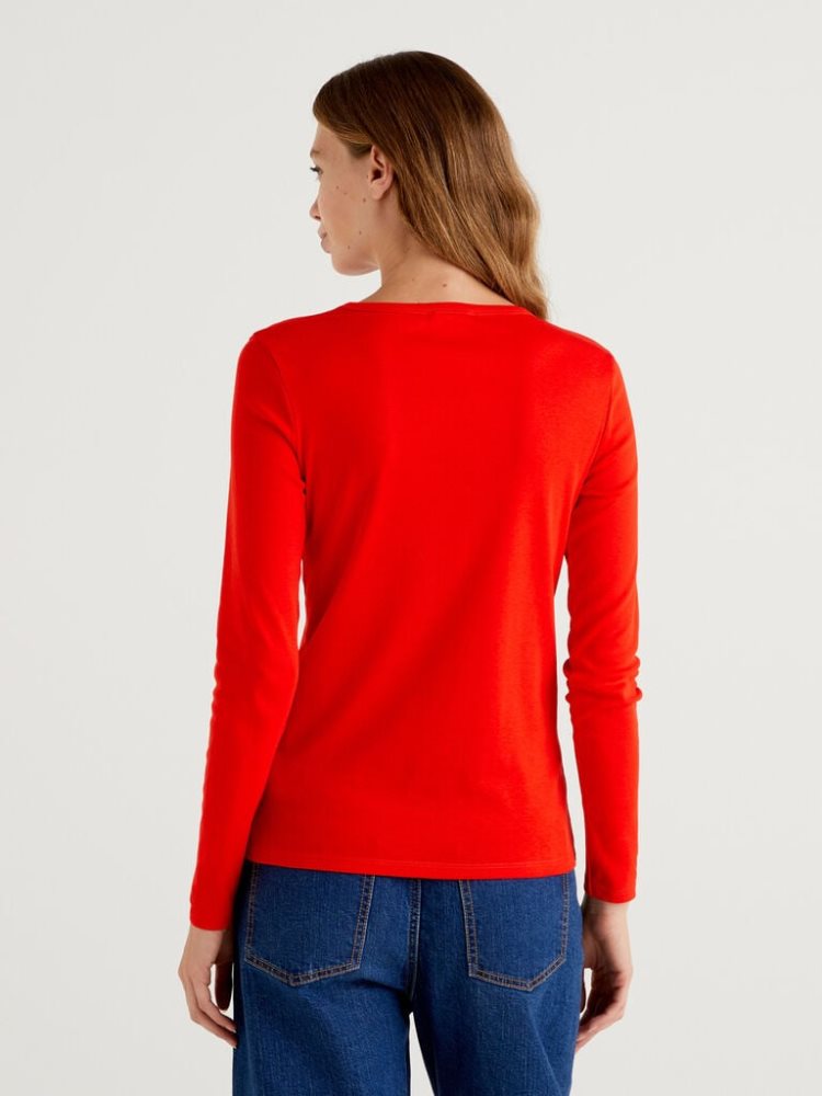 Benetton Long Sleeve Pure Katoenen T-shirts Dames Rood | BE969403