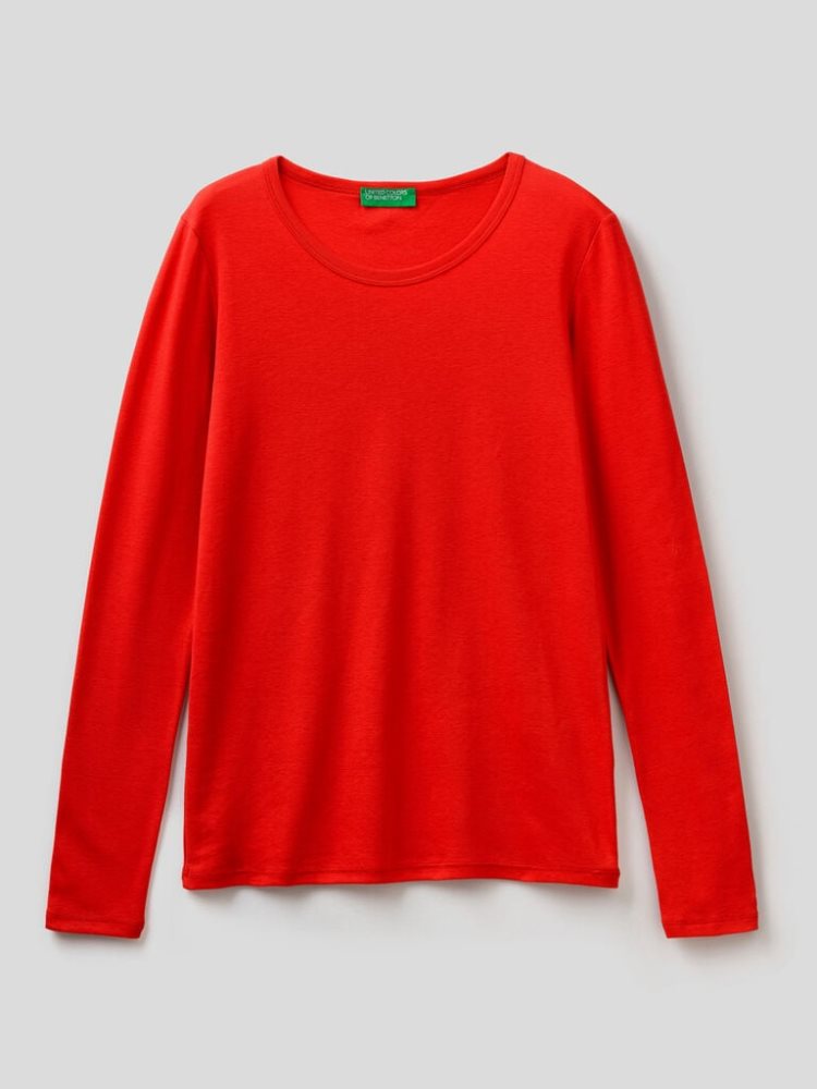 Benetton Long Sleeve Pure Katoenen T-shirts Dames Rood | BE969403