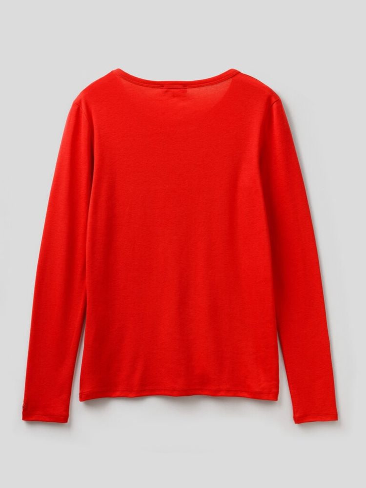 Benetton Long Sleeve Pure Katoenen T-shirts Dames Rood | BE969403