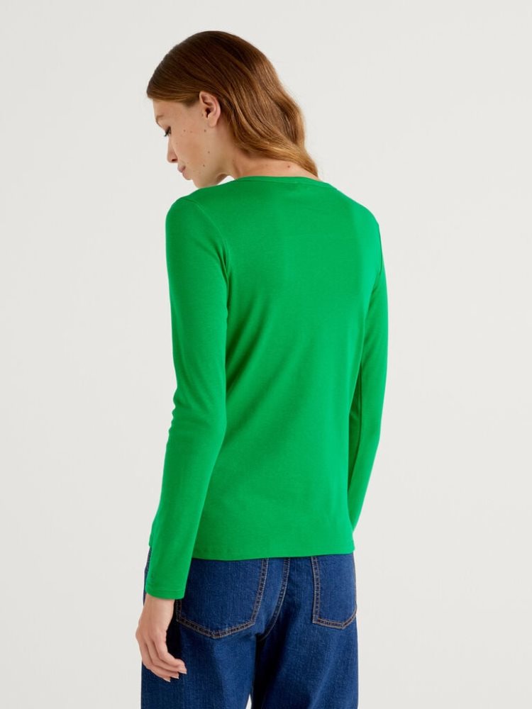 Benetton Long Sleeve Pure Katoenen T-shirts Dames Groen | BE975945