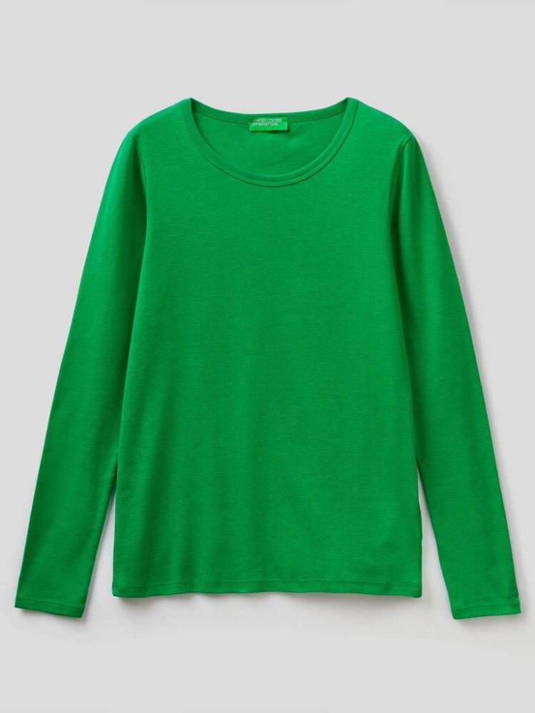 Benetton Long Sleeve Pure Katoenen T-shirts Dames Groen | BE975945