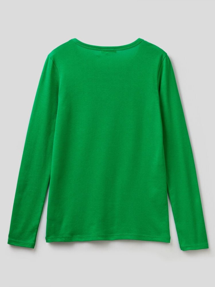 Benetton Long Sleeve Pure Katoenen T-shirts Dames Groen | BE975945