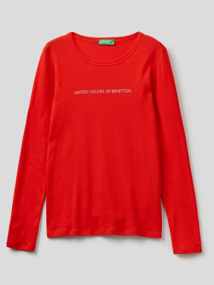 Benetton Long Sleeve Red 100% Katoenen T-shirts Dames Rood | BE959582