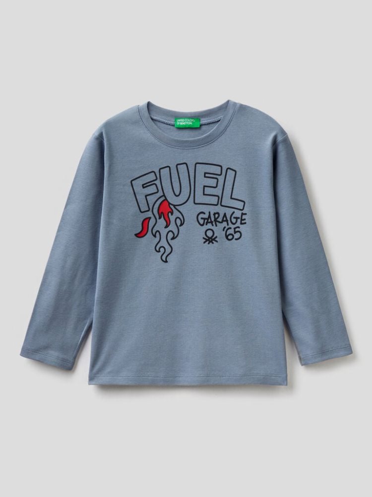 Benetton Long Sleeve Slogan Print T-shirts Kinderen Blauw | BE539361