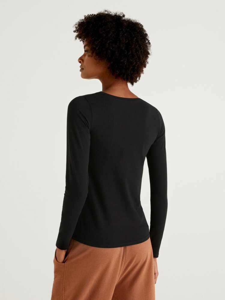 Benetton Long Sleeve Super Stretch T-shirts Dames Zwart | BE049103