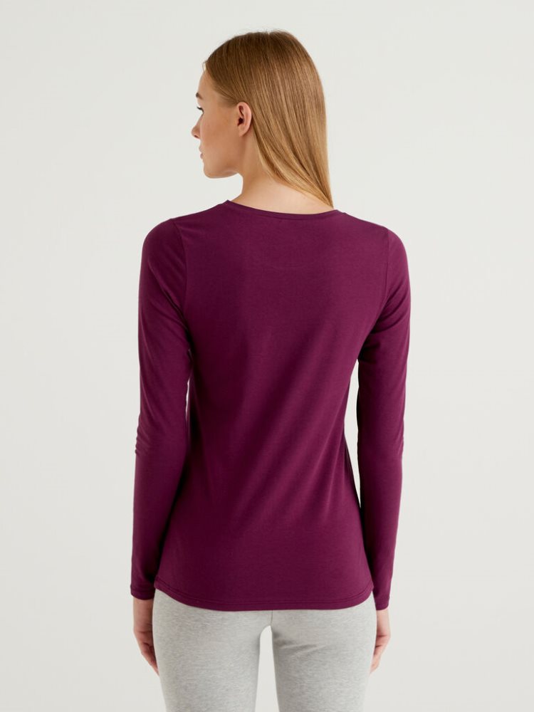 Benetton Long Sleeve Super Stretch T-shirts Dames Plum | BE314096