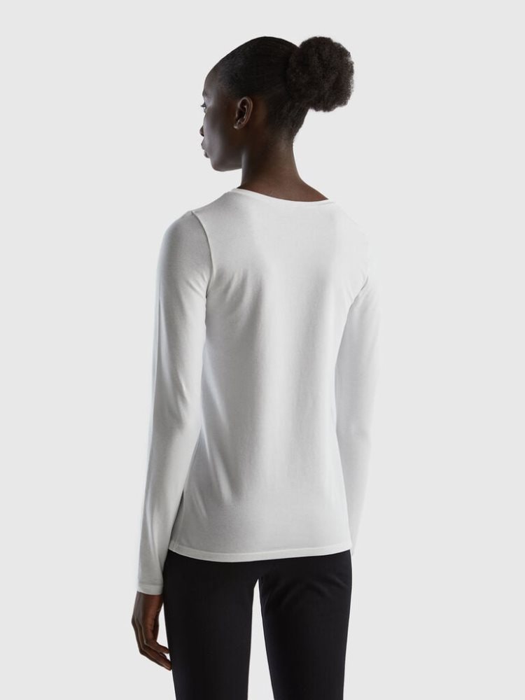 Benetton Long Sleeve Super Stretch T-shirts Dames Wit | BE938736