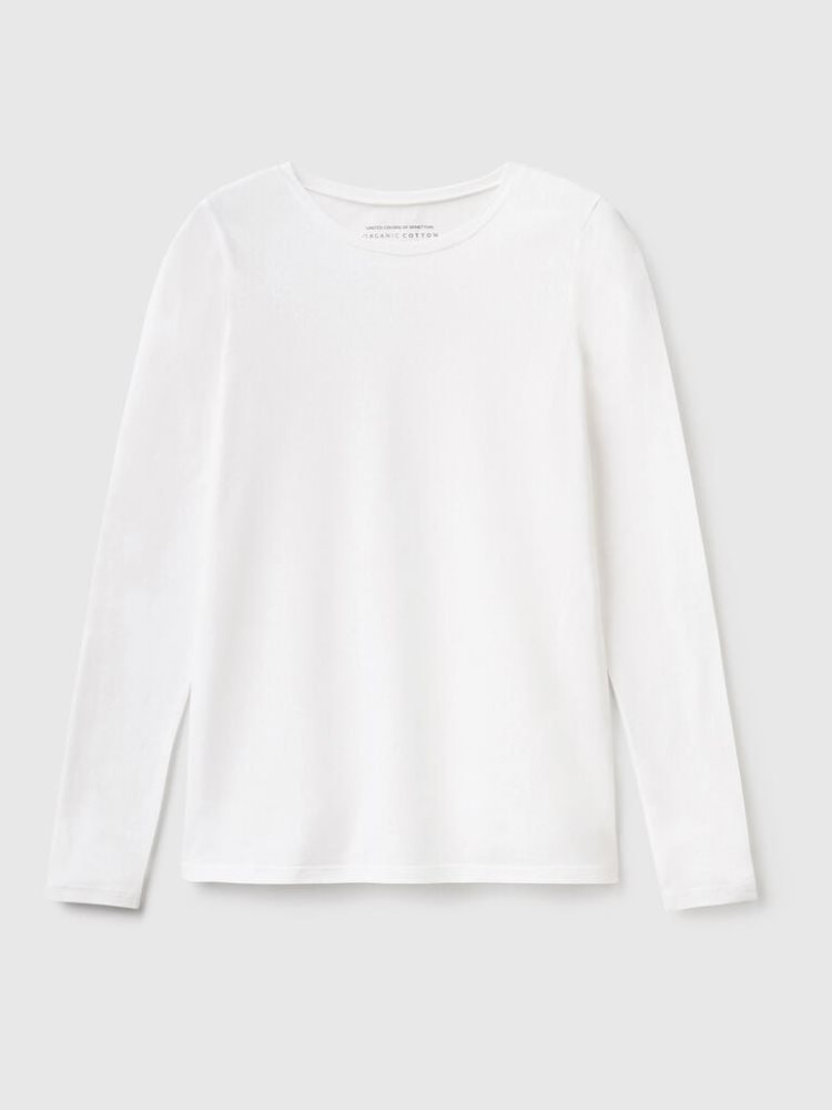 Benetton Long Sleeve Super Stretch T-shirts Dames Wit | BE938736