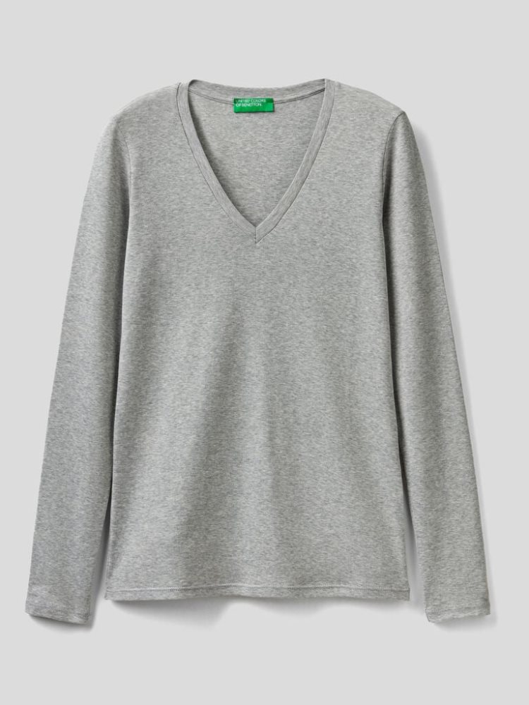 Benetton Long Sleeve V-neck T-shirts Dames Lichtgrijs | BE334826