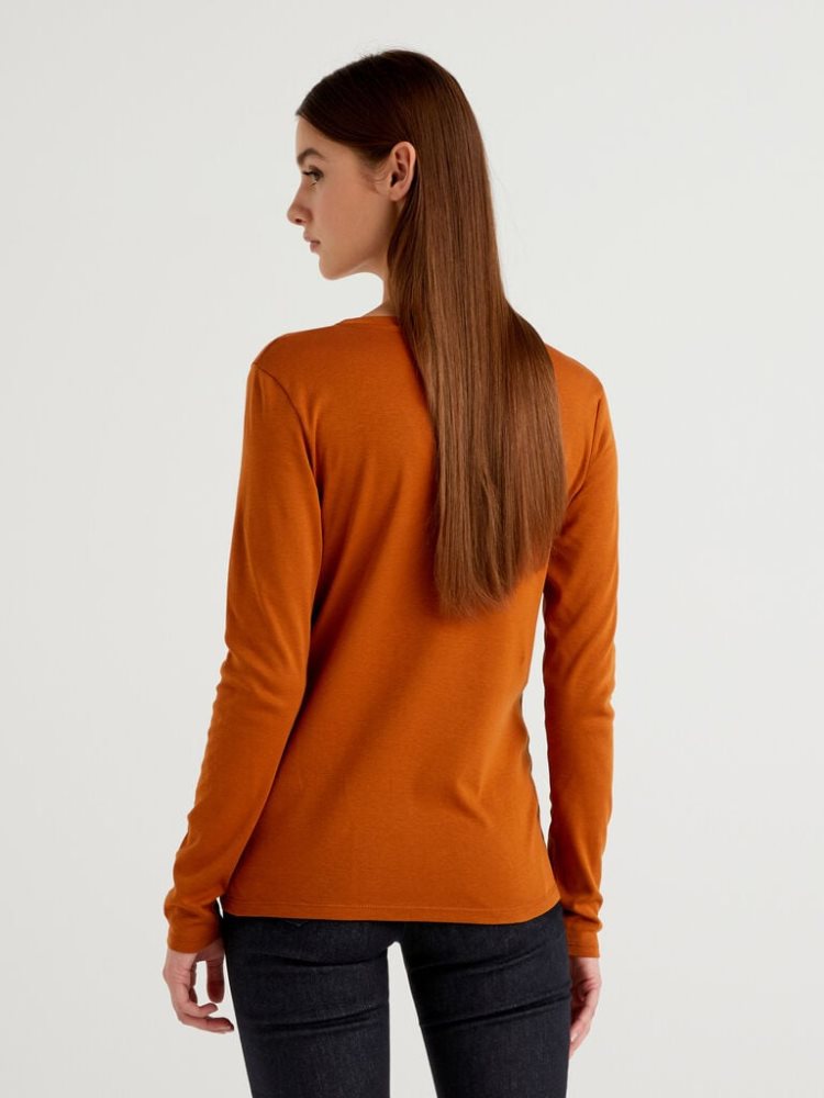 Benetton Long Sleeve V-neck T-shirts Dames Burnt | BE818771