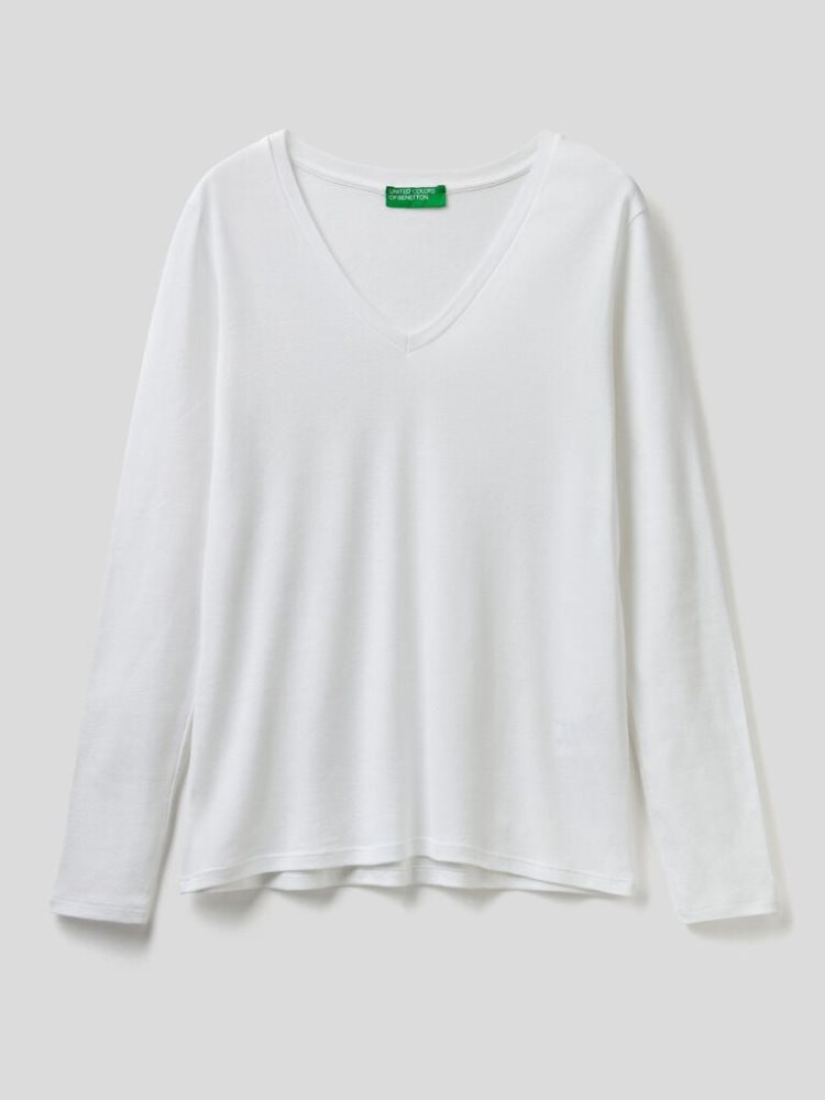 Benetton Long Sleeve V-neck T-shirts Dames Wit | BE938674