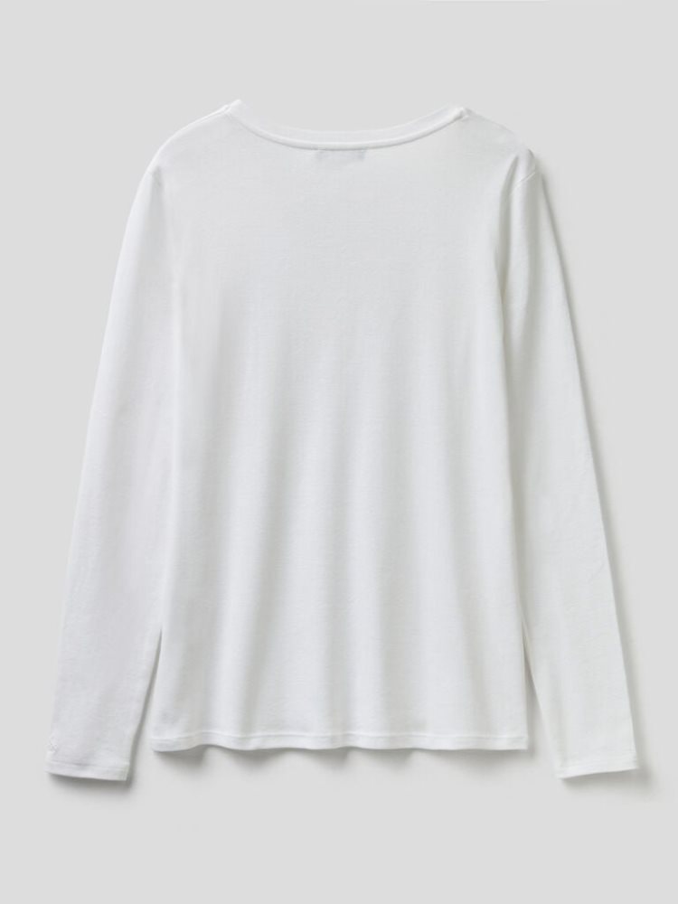 Benetton Long Sleeve V-neck T-shirts Dames Wit | BE938674