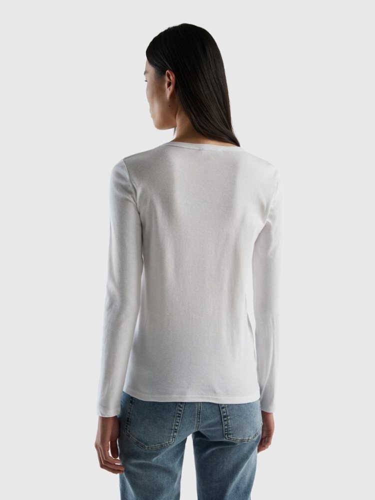 Benetton Long Sleeve White 100% Katoenen T-shirts Dames Wit | BE934364