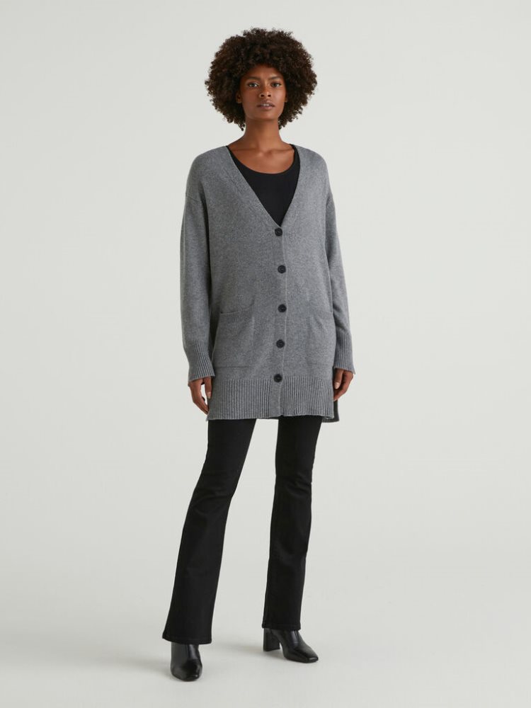 Benetton Long Slits Cardigan Dames Donkergrijs | BE697813