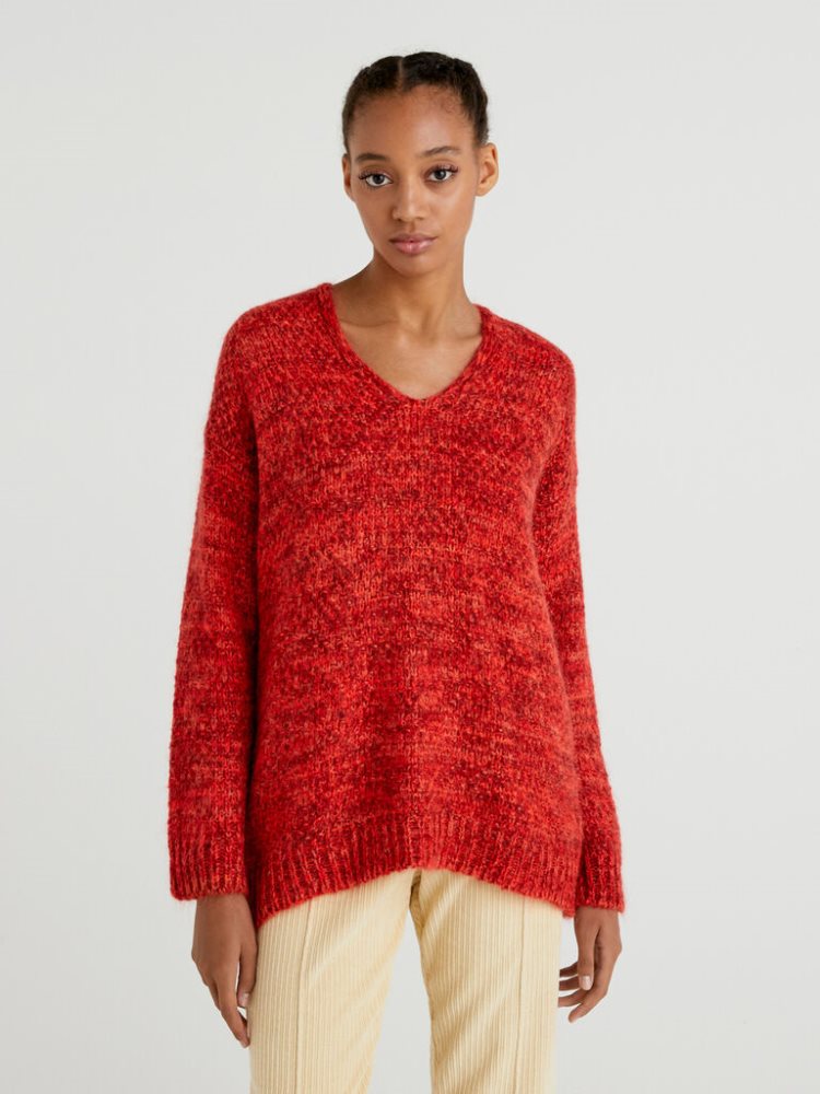 Benetton Mohair Blend V-neck Truien Dames Rood | BE914474